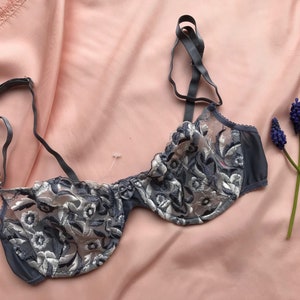 Deadstock vintage bra silver black grey gray embroidered designer handmade sexy lace mesh 75B 34B lingerie balconette 90s la perla style