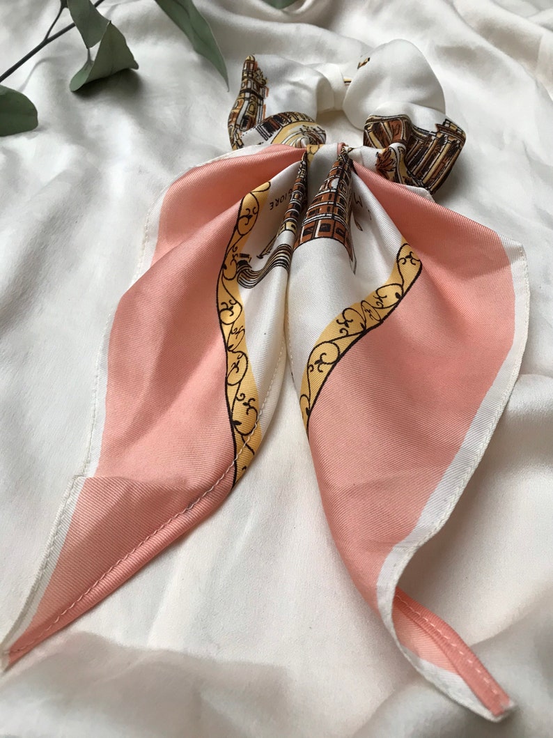 PINK ROMA Couture oversized handmade sustainable recycled upcycled vintage scarf pure silk bow hair tie ponytail french girl fashion image 6