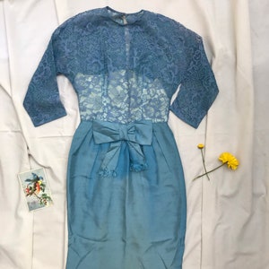 Baby blue vintage 50s 1950s Mardi Gras New York designer party taffeta lace something blue dress bow corset small wedding bridesmaid prom
