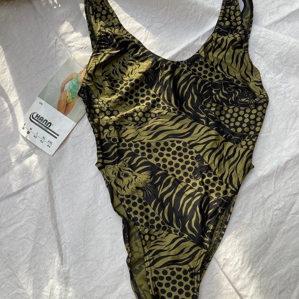 Deadstock vintage 1980's Hungarian designer swimsuit swimming costume cut high leg strap pattern XS summer vacation beach
