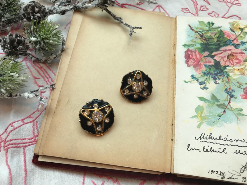 1980/'s vintage avant garde art deco black gold enamel clip on earrings with rhinestones geometric chic french fashion designer statement