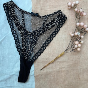 Beautiful vintage 90s black mesh embroidered lace panties thong tanga knickers with beaded and bow detail, cut back high rise high leg small