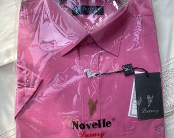 Deadstock vintage vibrant pink magenta rose coloured short sleeve 100% cotton button down shirt men's medium size summer party