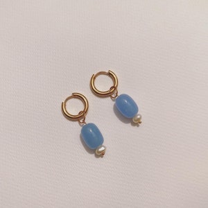 Periwinkle blue handmade glass gold baroque pearl couture drop dangle earrings jewelry huggies hoops image 1