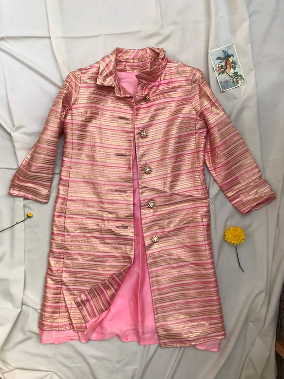 Silk cashmere wool lurex pink gold striped stripe… - image 3