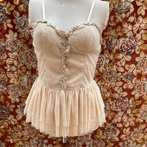 Vintage 90&#39;s y2k sand beige soft tulle and lace bustier corset lace up patent peplum ballerina top sexy romantic fairy core medium lingerie