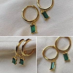 925 sterling silver 18K gold plated hoop huggie earrings emerald baguette cubic zirconia jewelry ear party clicker designer new