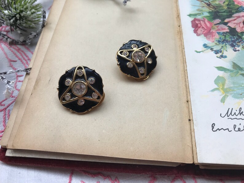 1980/'s vintage avant garde art deco black gold enamel clip on earrings with rhinestones geometric chic french fashion designer statement