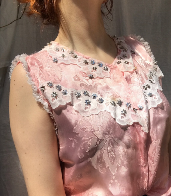 Pastel baby pink satin floral brocade Hungarian s… - image 1