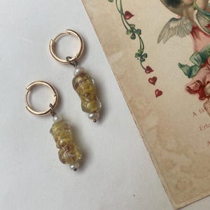 Yellow murano lampwork glass gold hoop earrings real freshwater baroque pearl vintage designer couture summer glitter amber huggies handmade