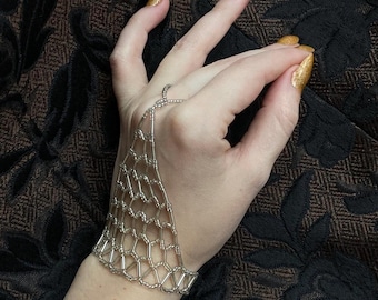 Silber Glasperle Kettenhemd elastisch Handschmuck Burgkern Ritter Joan of Arc Mittelalter Armband Ring Fantasy Rüstung