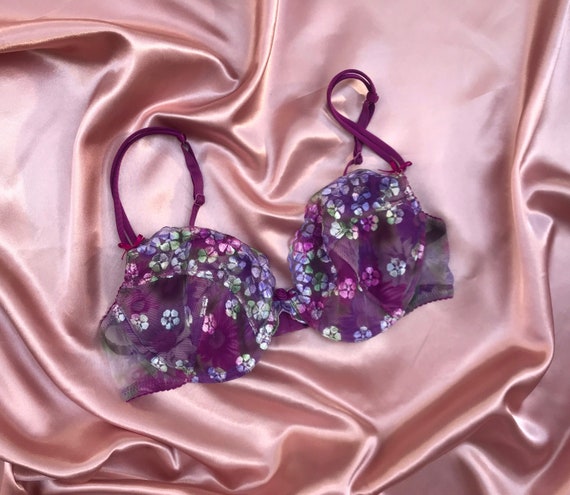 Vintage 90s Embroidered Lace Floral Purple Lilac Underwire Padded Bra 36B  80B M&s English Bow Rose Satin Mesh Romantic Summer Lingerie -   Australia