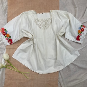 Vintage antique Hungarian peasant blouse cotton embroidered floral lace white linen canvas folk kalocsa matyo small rustic eastern european