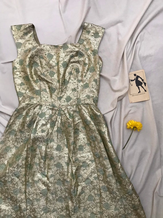 1960s Saved From The Mines Vintage Brocade Dress Mint Green and Silver