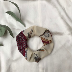 Medium oversized handmade pheasant bordeaux scrunchie made from vintage scarf ponytail french hairtie hair accessory