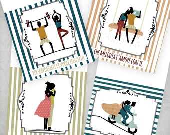 italian love folded printed cards, love  quotes illustrations,  bunch of 10 folded love cards to resell, italian quotes cards printable