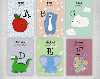 ENGLISH alphabet cards to print for schools and home, alphabet cards learning tool, printable alphabet, illustrated english alphabet,