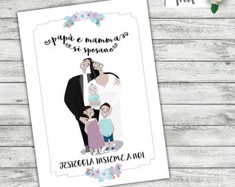 invitation family with kids,  family illustration wedding invitation, kids announce wedding, kids wedding invitation, custom family portrait