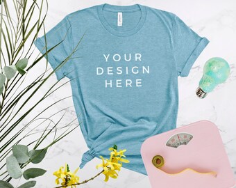 MOCKUP Bella Canvas Heather Aqua 3001 T-shirt Flat Lay - Etsy