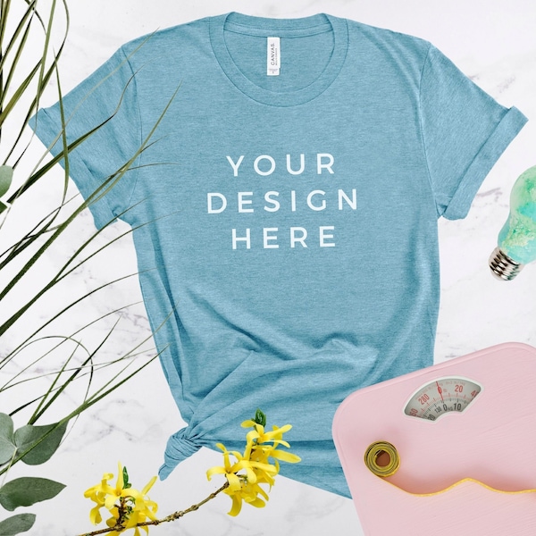 Bella Canvas 3001 Mockup Heather Aqua, BC3001 Flat Lay Unisex T-Shirt Mock Up, Bella Canvas Heather Aqua Shirt Download High Resolution JPG