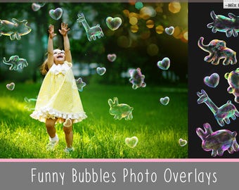Funny Bubbles Photoshop Overlays, Animals shaped Soap Bubbles Overlay, Realistic Soap bubble Photo effect, digital backdrop