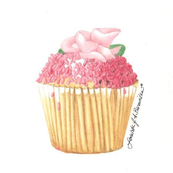 pink cupcake, 4" x 4" "itsy print", colored pencils, art, drawing, photo realistic, illustration, print 80 lb cover stock, sprinkles