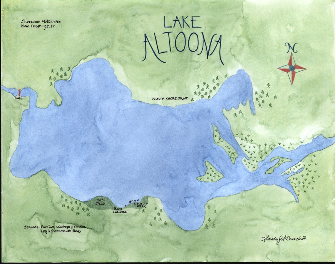 Lake Altoona Wisconsin map print watercolor colored Etsy Nederland