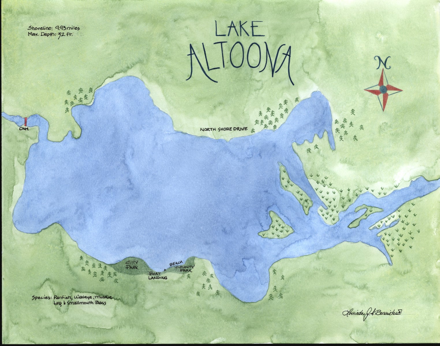 Lake Altoona Wisconsin Map Print Watercolor Colored Etsy