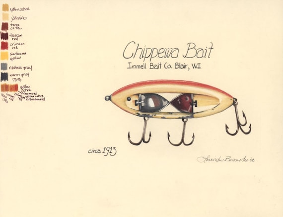 chippewa fishing lures Chippewa Bait, Immell Bait Co., Blair, WI, Circa 1913. Photo realistic,  colored pencil, art, illustration, drawing, print archival paper