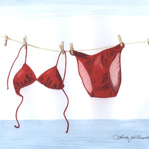 Red Bikini, clothesline, ocean, swimsuit, illustration, watercolor, colored pencil, art, drawing, painting, water, beach print, prismacolor