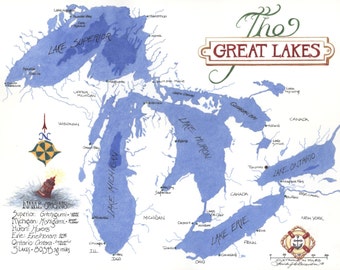 The Great Lakes, USA, watercolor, colored pencil, art, drawing, painting, photo realistic, print on archival stock. 11" x 14" map.