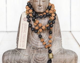 Lava mala necklace, Rudraksha mala beads 108, Yoga mala lava beads, Buddha necklace, Black tassel necklace, Buddhist prayer beads