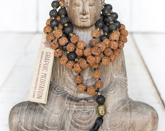 Lava stone necklace Rudraksha mala necklace Mala beads 108 Knotted wrist mala Black lava necklace Lava rock necklace Long Buddhist necklace