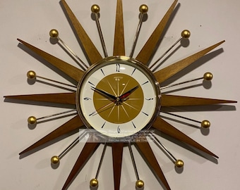 Royale Starburst Wall Clock Mid Century Modern style Goldtone Frame Silent Medium Teak Rays Burnt Gold Face & Gold Atomic Balls British Made