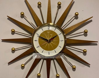 Mid Century Modern Starburst Wall Clock: Teak Rays & Gold Atomic Balls