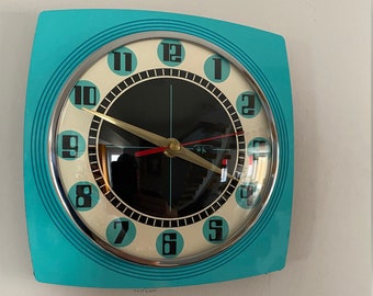 Colour Etched Formica Caravan Wall Clock from Royale - Midcentury Atomic Jetsons Retro style in Turquoise.