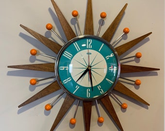 Small 19 inch Hand Made Mid Century style Starburst Sunburst Clock by Royale - Medium Teak Rays Turquoise Welby Dial & Orange Balls