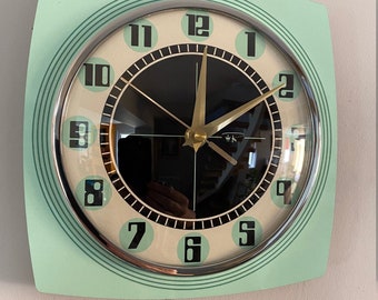 Colour Etched Formica Caravan Wall Clock from Royale - Midcentury Atomic Jetsons Retro style in Jadeite Jade Green.