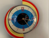 Colour Etched Spinning Meteor Formica Caravan Wall Clock from Royale - Midcentury Atomic Jetsons Retro style.