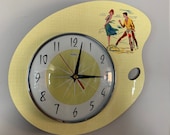 Colour etched Lucite Formica Wall Clock from Royale - Midcentury Atomic Retro in Light Lemon Bike Lovers