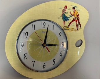 Colour etched Lucite Formica Wall Clock from Royale - Midcentury Atomic Retro in Light Lemon Bike Lovers