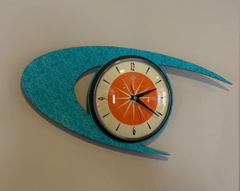 Colour Etched Lucite Formica Wall Clock from Royale - Midcentury Atomic Boomerang Retro style in Turquoise & Tangerine