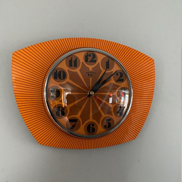 Formica Lucite Asymmetric Wall Clock from Royale - 1970's Retro style in Tangerine Orange