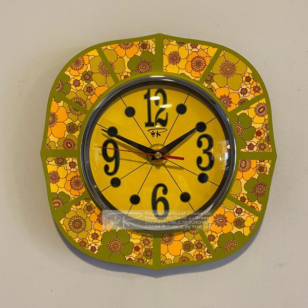 Handmade 1970's style Royale Laminate Wall Clock with Lucy Wilding Chain Designs Floral Print CD2 Avacado Yellow