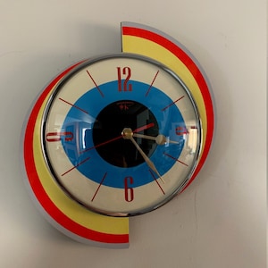 Colour Etched Spinning Meteor Formica Caravan Wall Clock from Royale - Midcentury Atomic Jetsons Retro style.