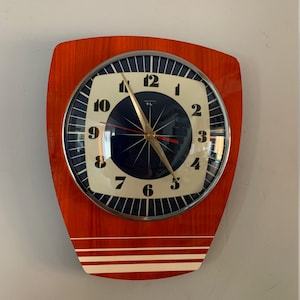 Handmade Formica Wall Clock in Faux Red Walnut with Royal Blue & Cream Face from Royale - Midcentury French Atomic Retro style