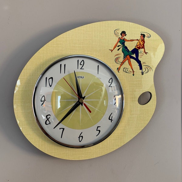 Colour etched Lucite Formica Wall Clock from Royale - Midcentury Atomic Retro in Light Lemon Rockabilly Dancers