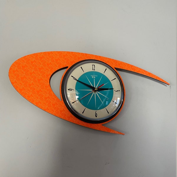 Colour Etched Lucite Formica Wall Clock from Royale - Midcentury Atomic Boomerang Retro style in Neon Tangerine & Turquoise