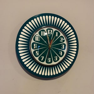 Handmade 1970's style Sunburst Orange Segment Formica Wall Clock in Teal Green & White from Royale Starburst Clocks UK