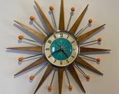 21 inch Hand Made Mid Century style Starburst Clock by Royale - Welby style Medium Teak Rays with a Turquoise 1950 39 s Dial
